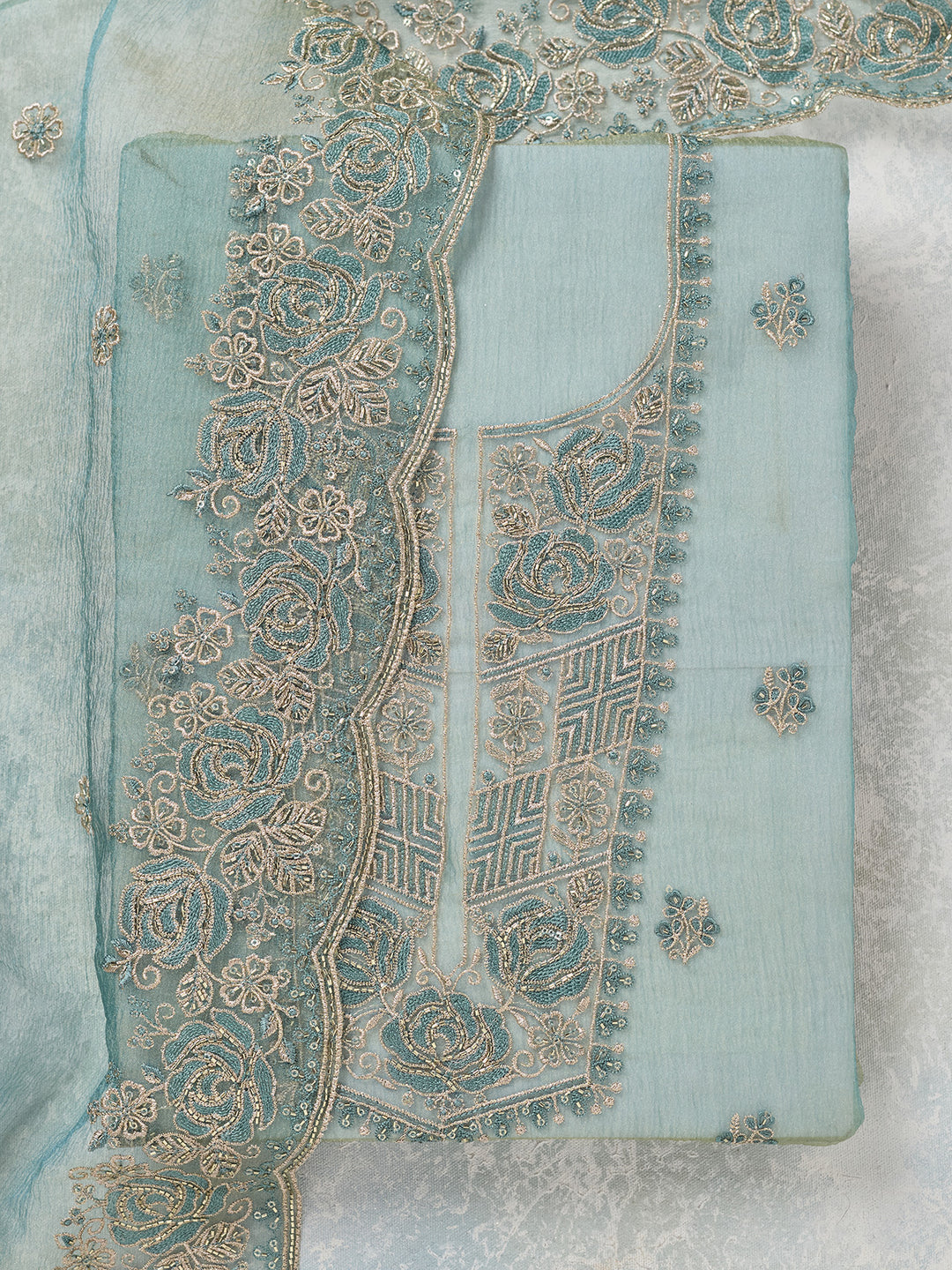 Sky Blue Threadwork Tissue Unstitched Salwar Suit