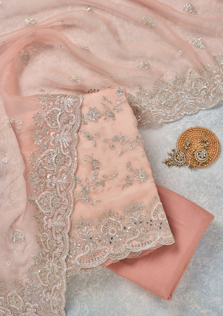 Peach Threadwork Tissue Unstitched Salwar Suit