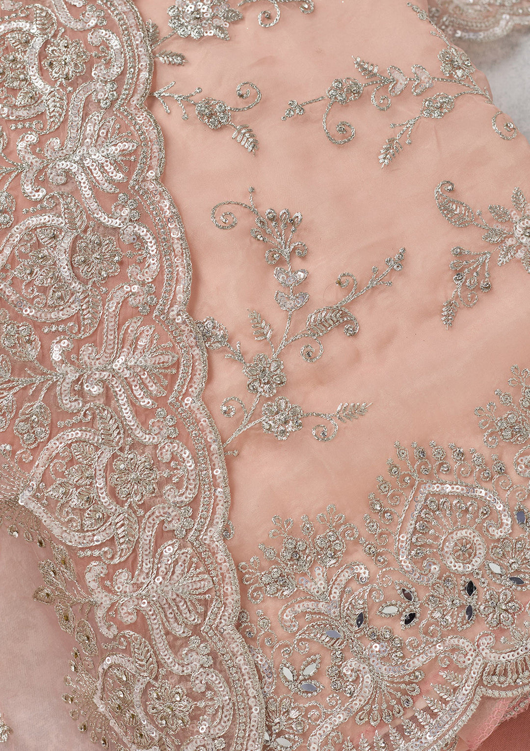 Peach Threadwork Tissue Unstitched Salwar Suit