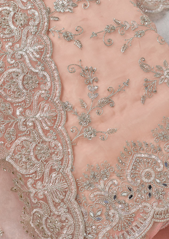 Peach Threadwork Tissue Unstitched Salwar Suit