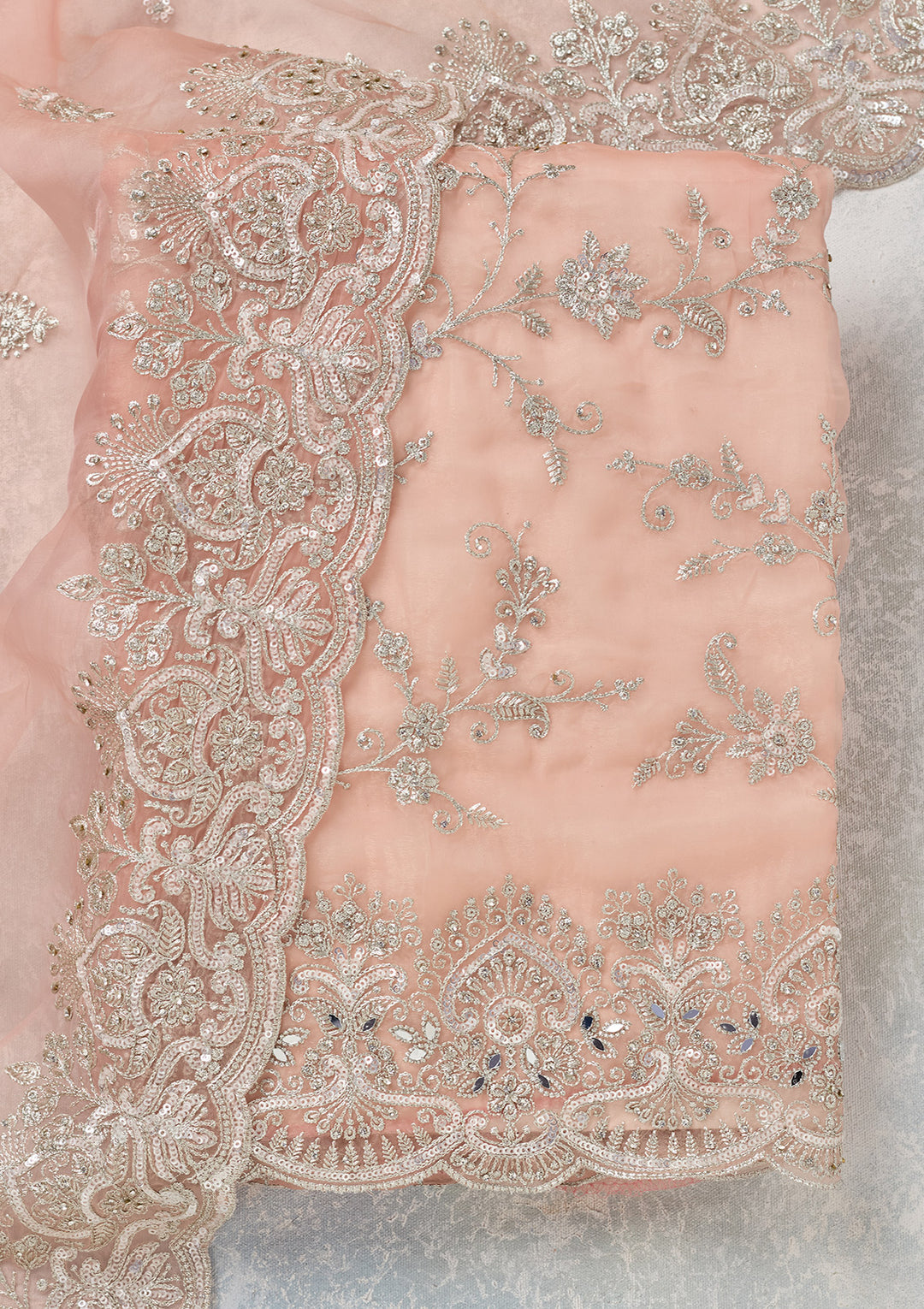 Peach Threadwork Tissue Unstitched Salwar Suit