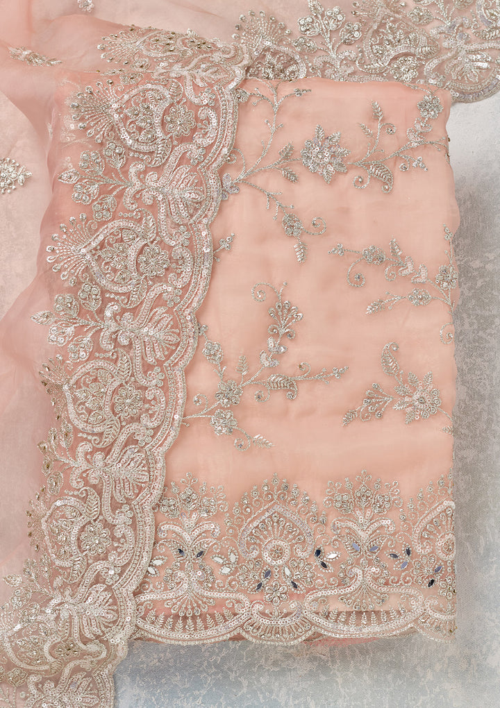 Peach Threadwork Tissue Unstitched Salwar Suit