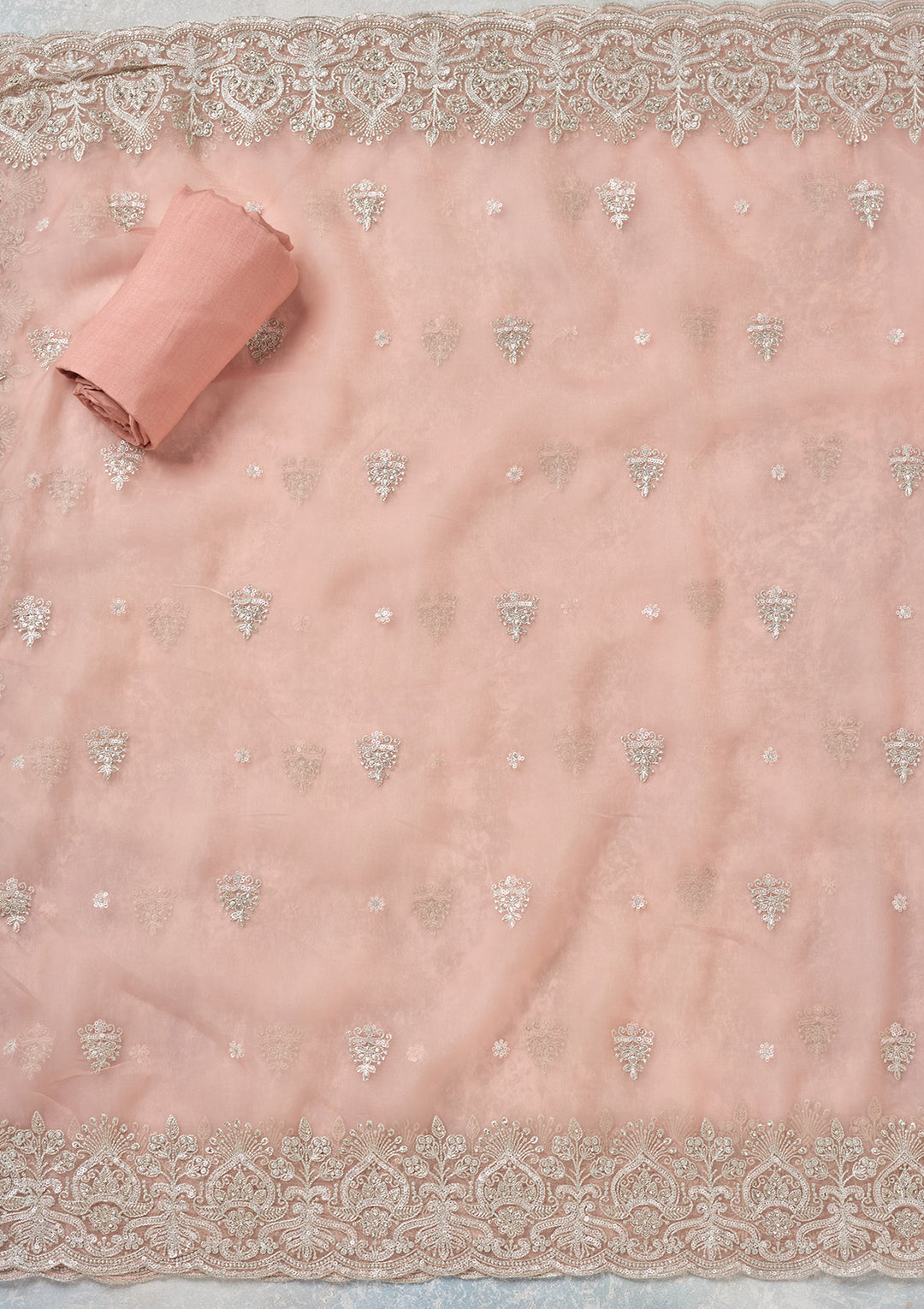 Peach Threadwork Tissue Unstitched Salwar Suit