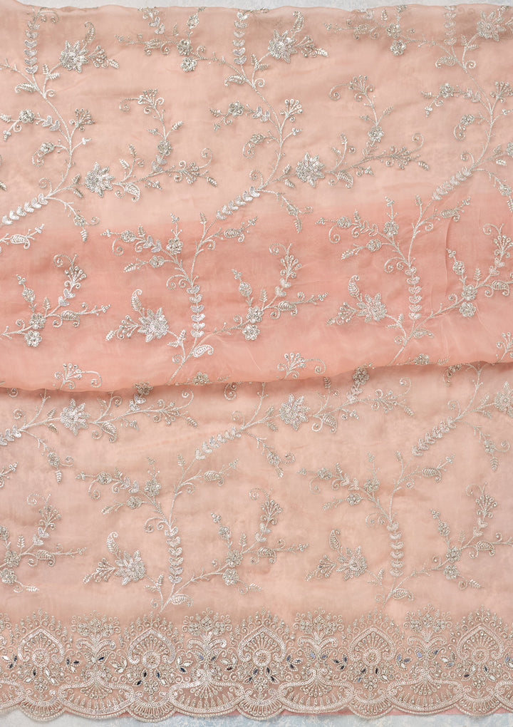 Peach Threadwork Tissue Unstitched Salwar Suit