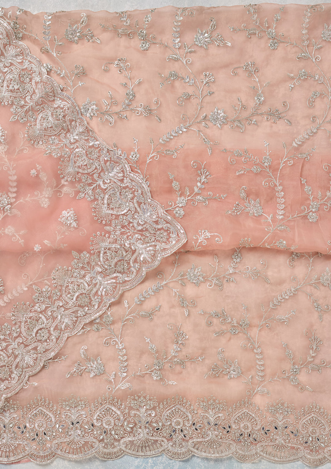 Peach Threadwork Tissue Unstitched Salwar Suit