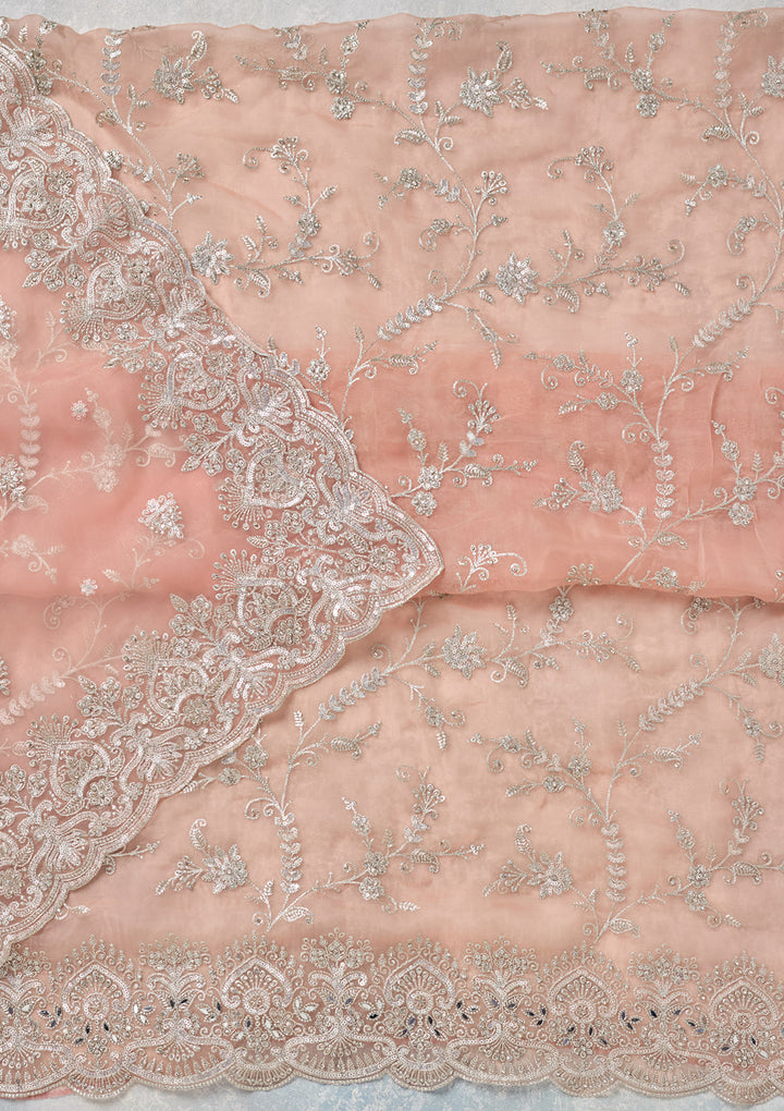 Peach Threadwork Tissue Unstitched Salwar Suit