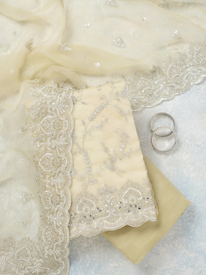 Pista Green Threadwork Tissue Unstitched Salwar Suit