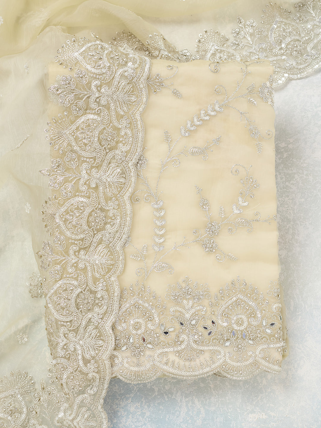 Pista Green Threadwork Tissue Unstitched Salwar Suit