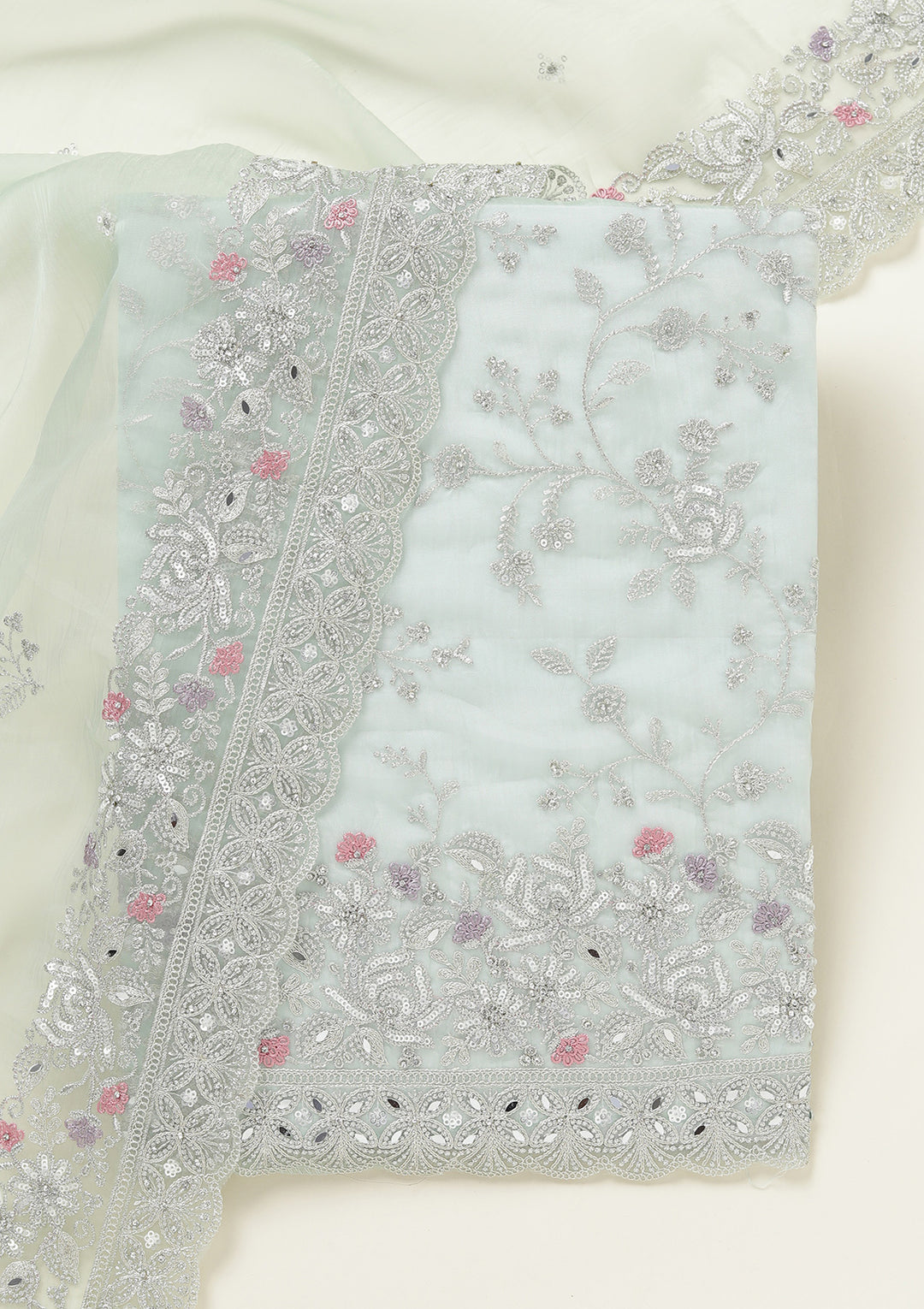 Pista Green Threadwork Tissue Unstitched Salwar Suit