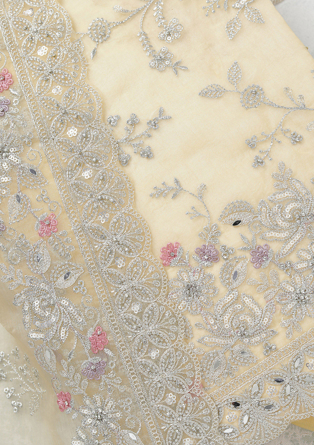 Yellow Threadwork Tissue Unstitched Salwar Suit