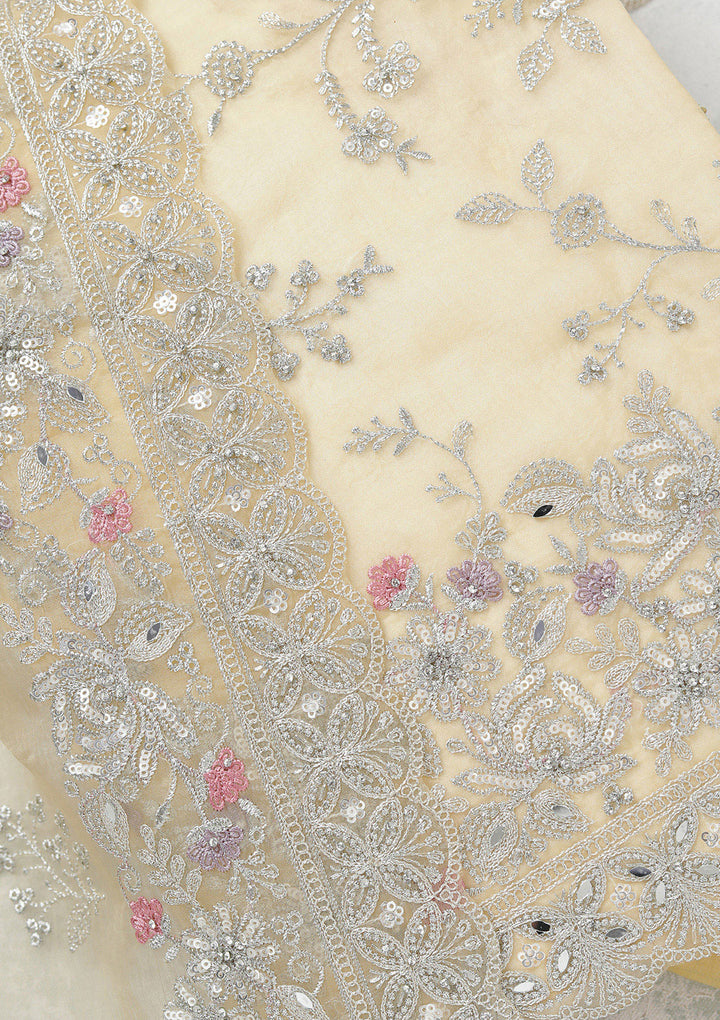 Yellow Threadwork Tissue Unstitched Salwar Suit