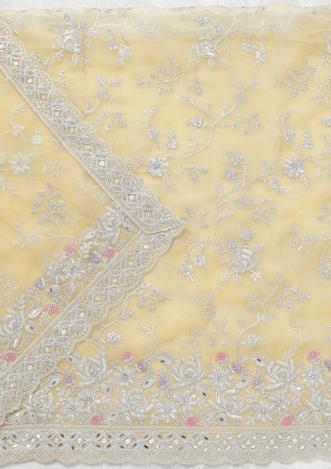 Yellow Threadwork Tissue Unstitched Salwar Suit