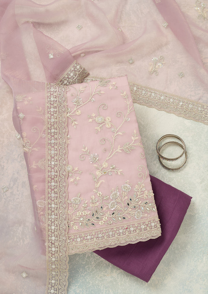 Lavender Threadwork Tissue Unstitched Salwar Suit