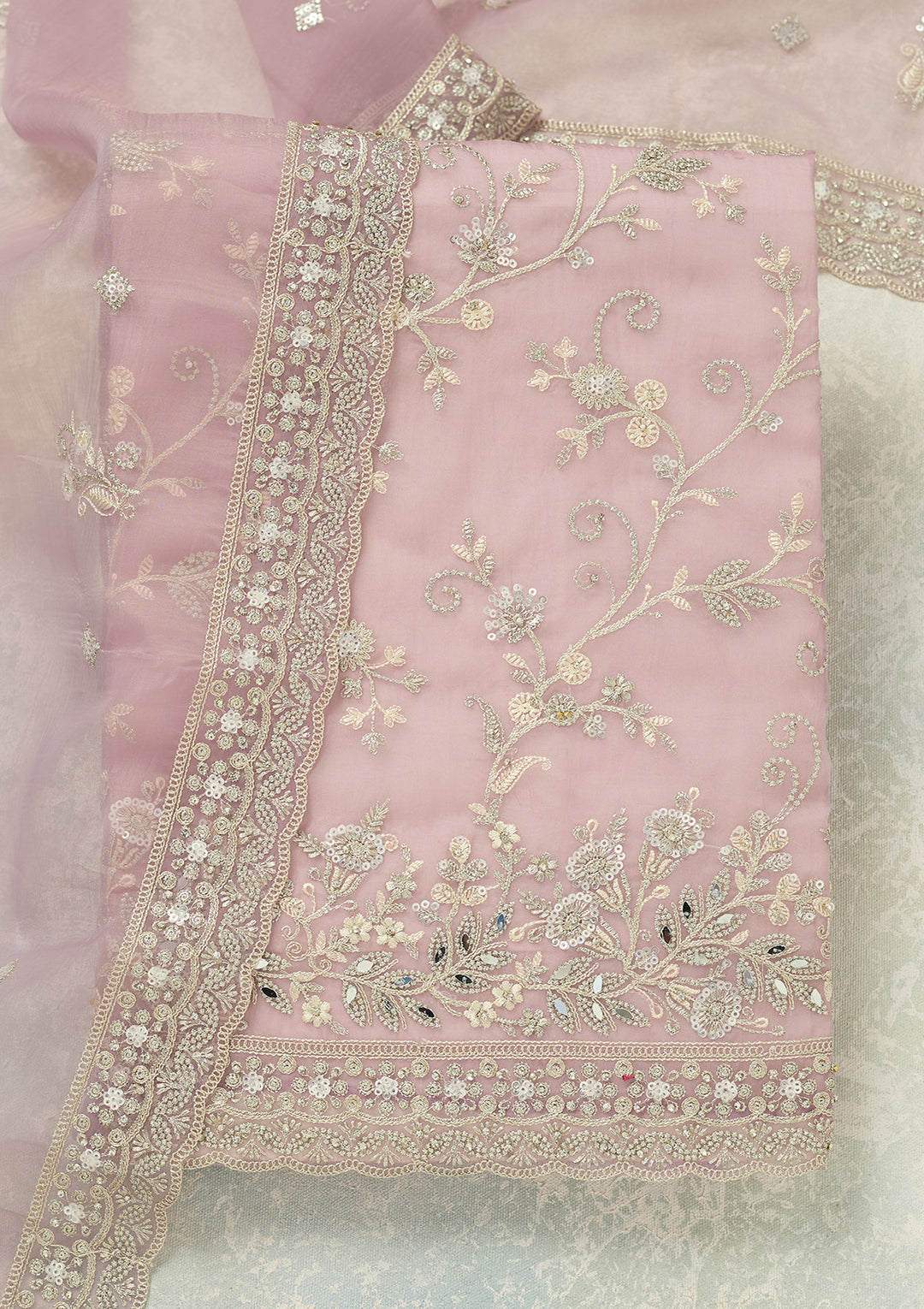 Lavender Threadwork Tissue Unstitched Salwar Suit