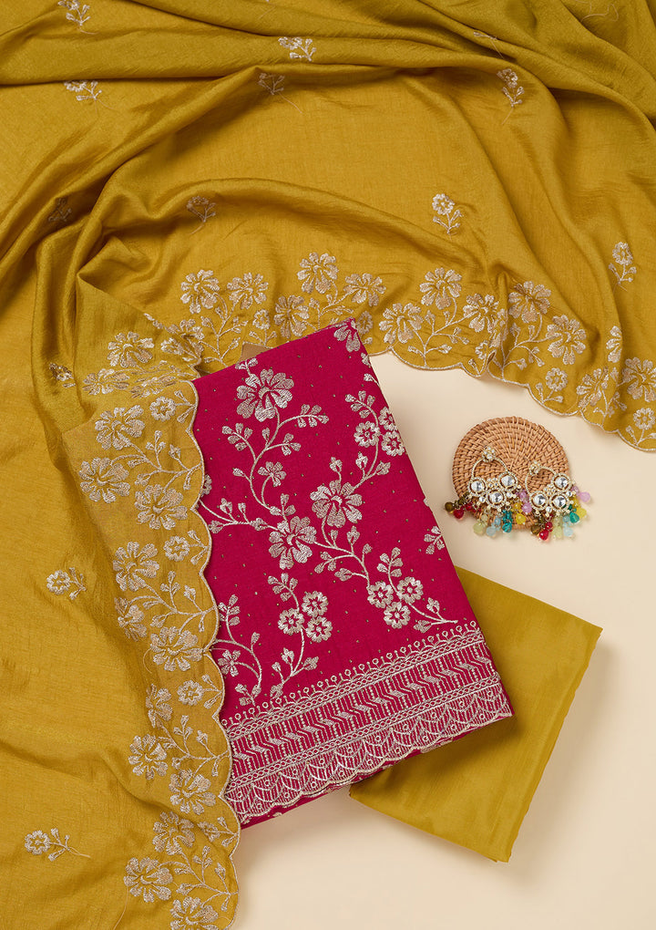 Rani Pink Zariwork (Gold) Soft Raw Silk Unstitched Salwar Suit