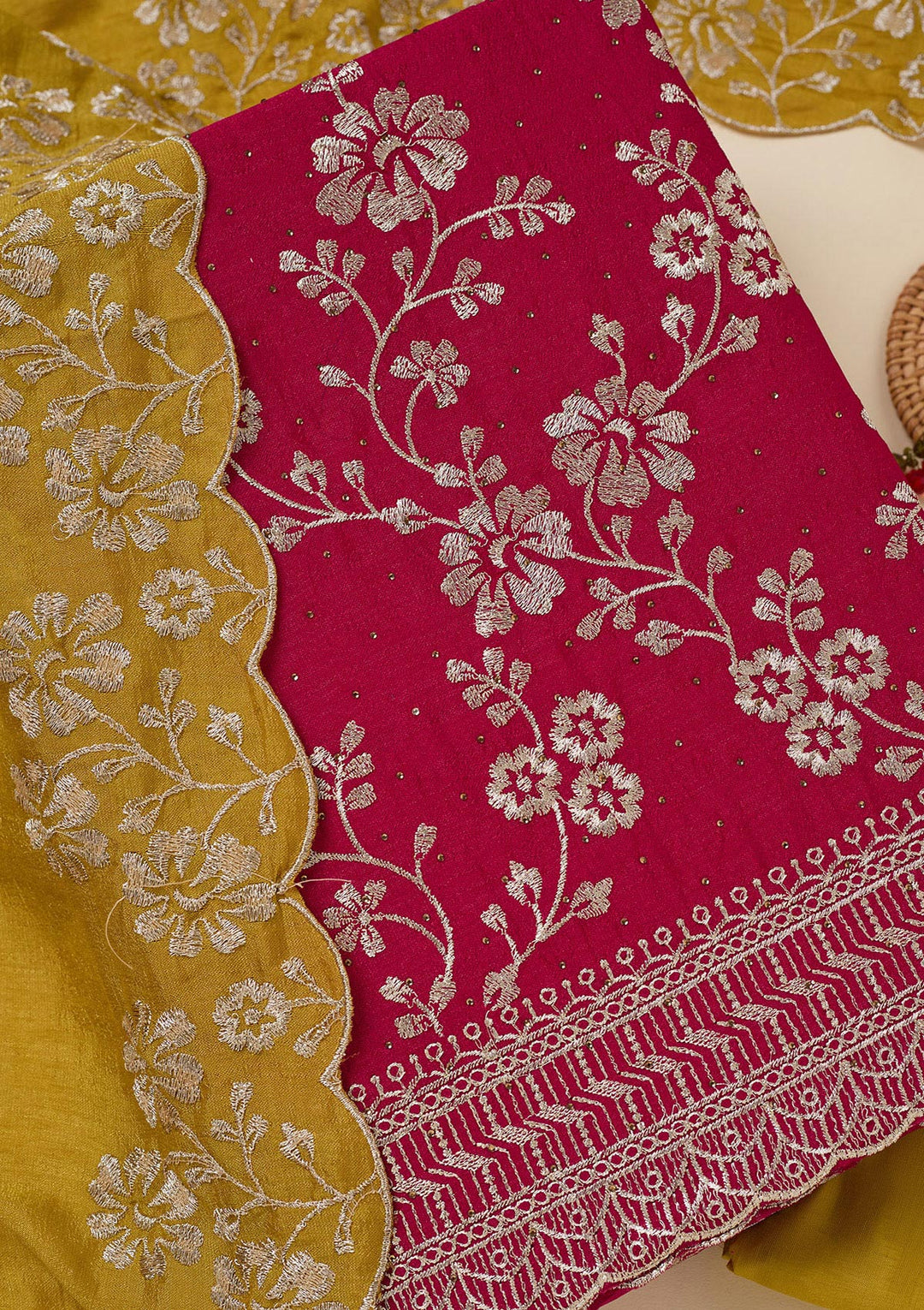 Rani Pink Zariwork (Gold) Soft Raw Silk Unstitched Salwar Suit