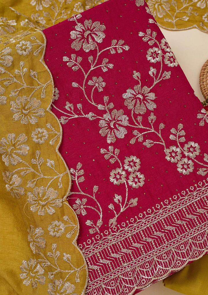 Rani Pink Zariwork (Gold) Soft Raw Silk Unstitched Salwar Suit