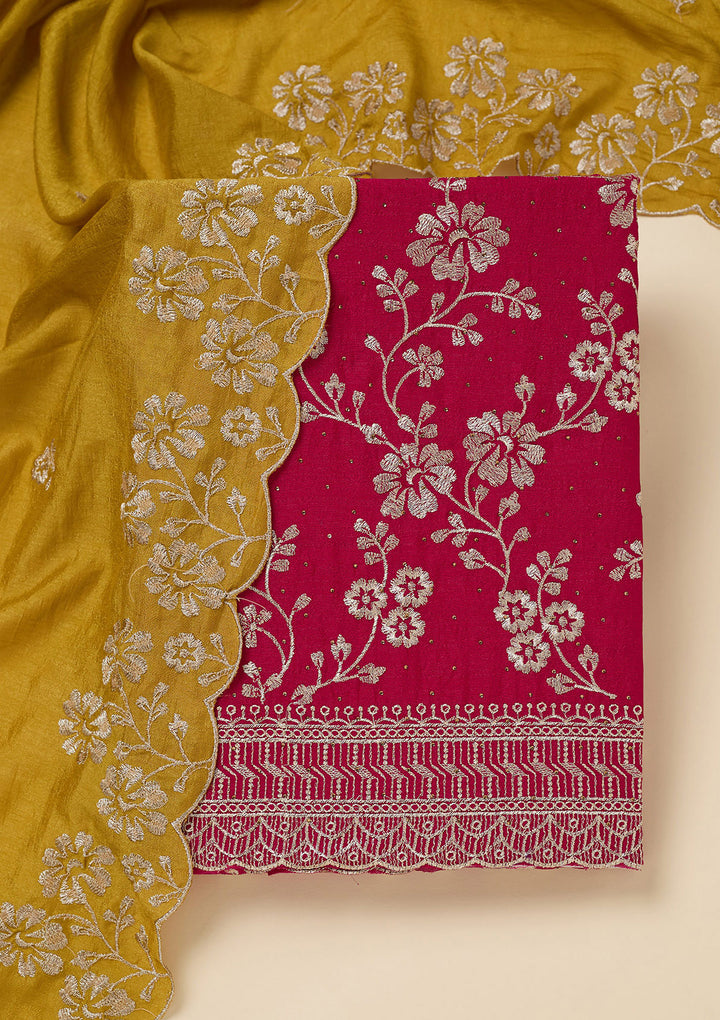 Rani Pink Zariwork (Gold) Soft Raw Silk Unstitched Salwar Suit