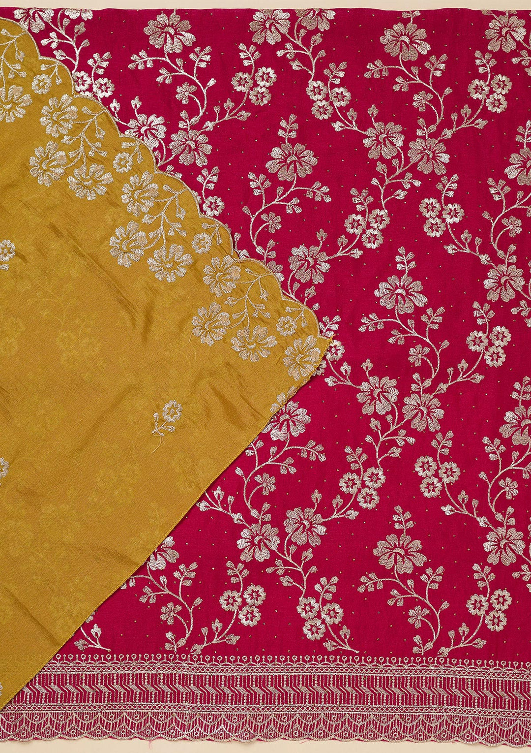 Rani Pink Zariwork (Gold) Soft Raw Silk Unstitched Salwar Suit