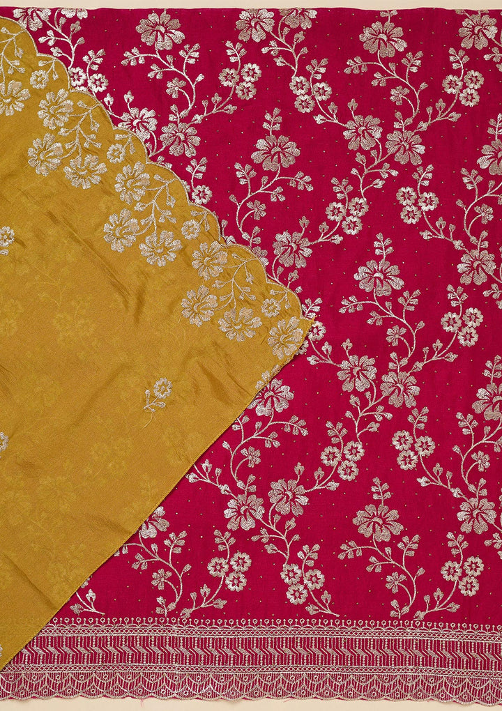 Rani Pink Zariwork (Gold) Soft Raw Silk Unstitched Salwar Suit
