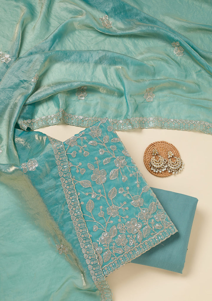 Blue Sequins Semi Crepe Unstitched Salwar Suit