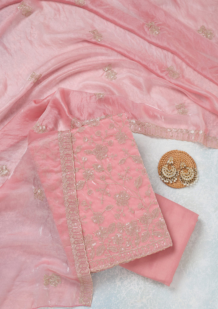 Pink Sequins Semi Crepe Unstitched Salwar Suit
