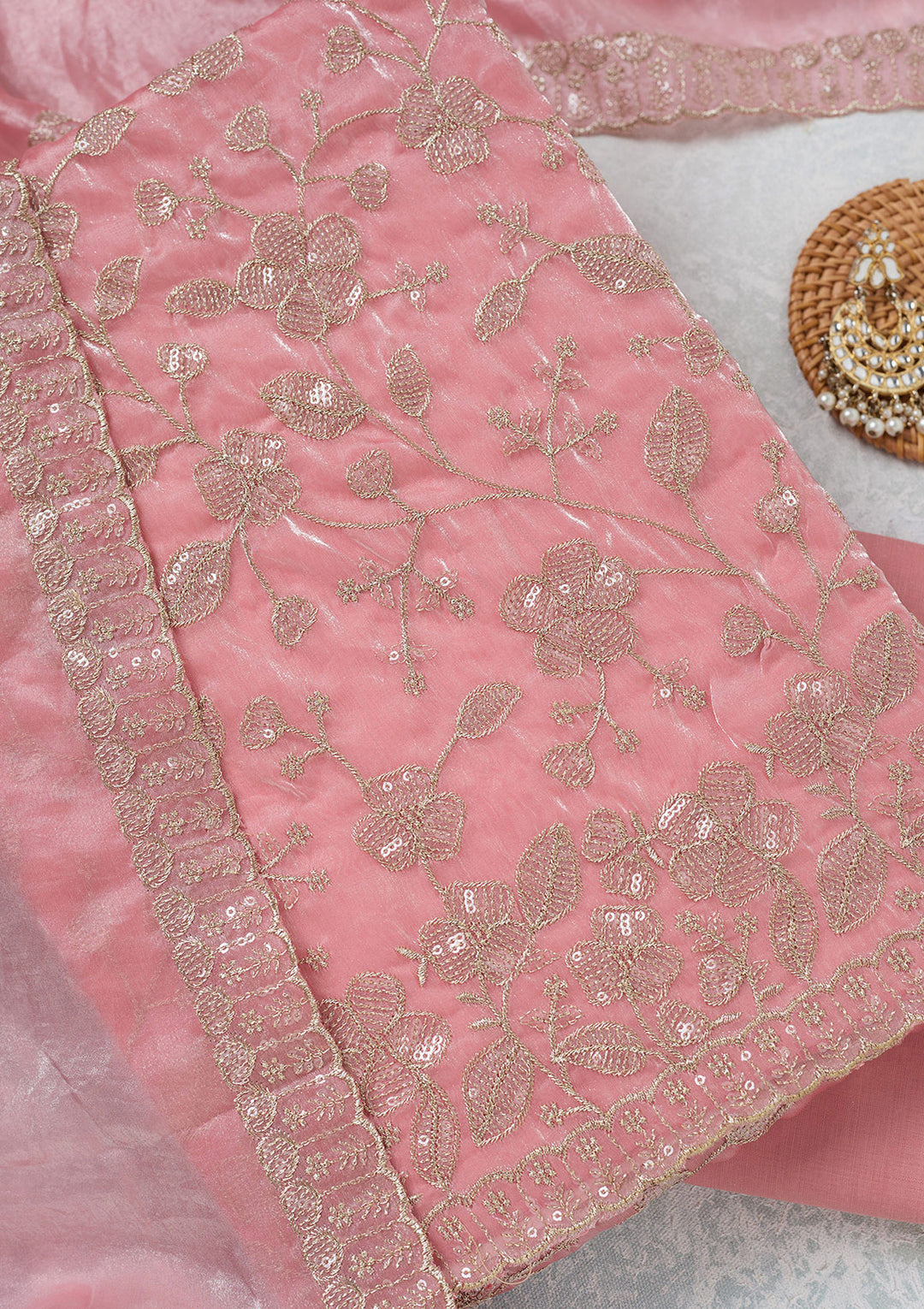 Pink Sequins Semi Crepe Unstitched Salwar Suit
