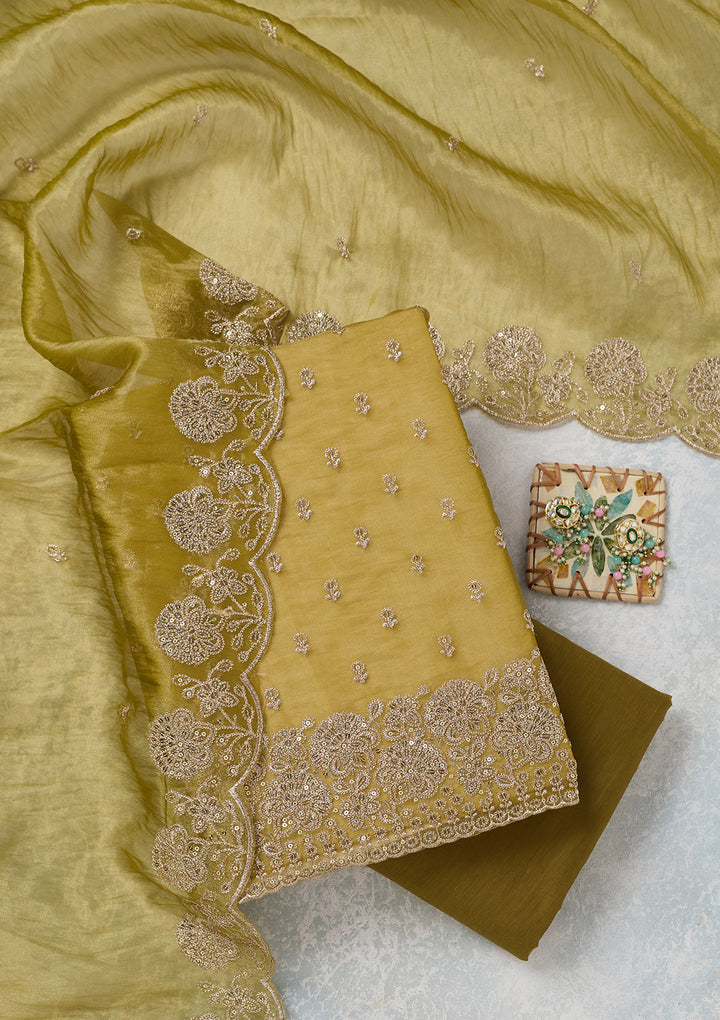 Green Zariwork (Gold) Tissue Unstitched Salwar Suit