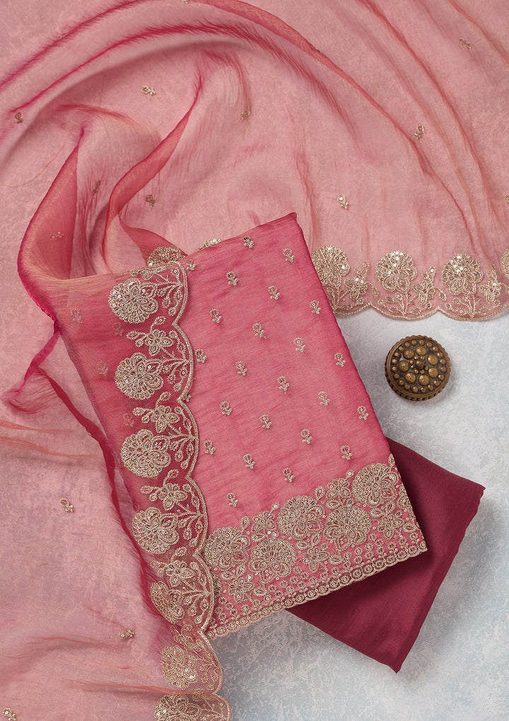 Pink Zariwork (Gold) Tissue Unstitched Salwar Suit