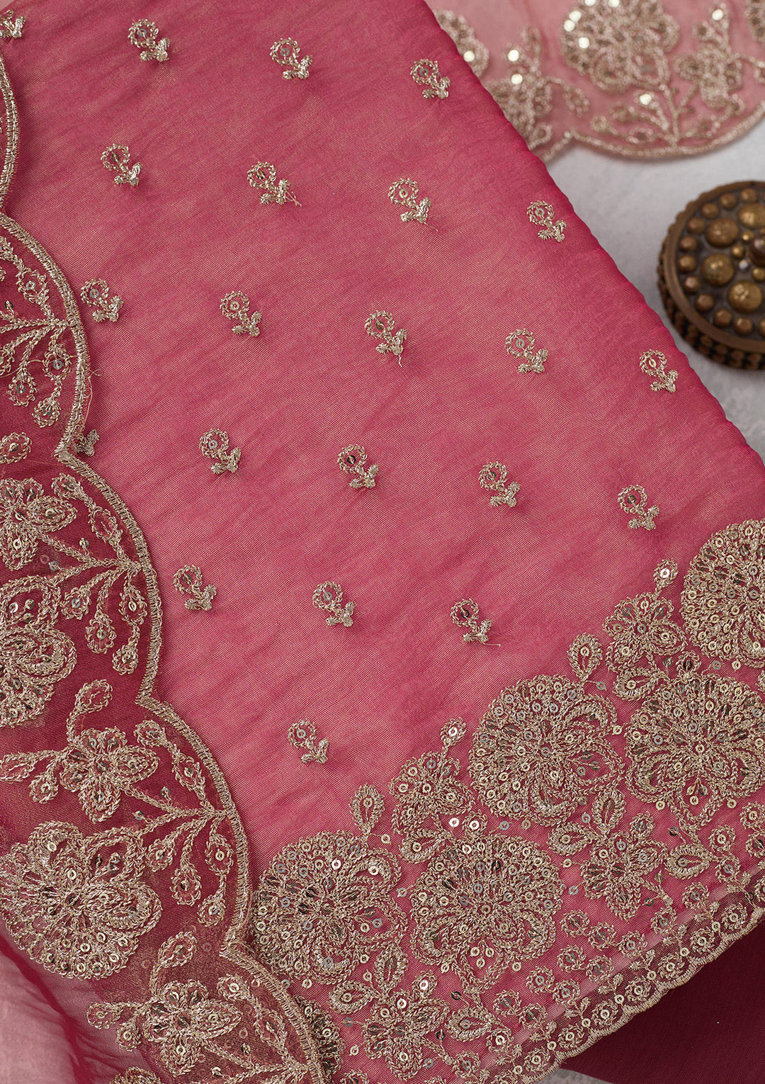 Pink Zariwork (Gold) Tissue Unstitched Salwar Suit