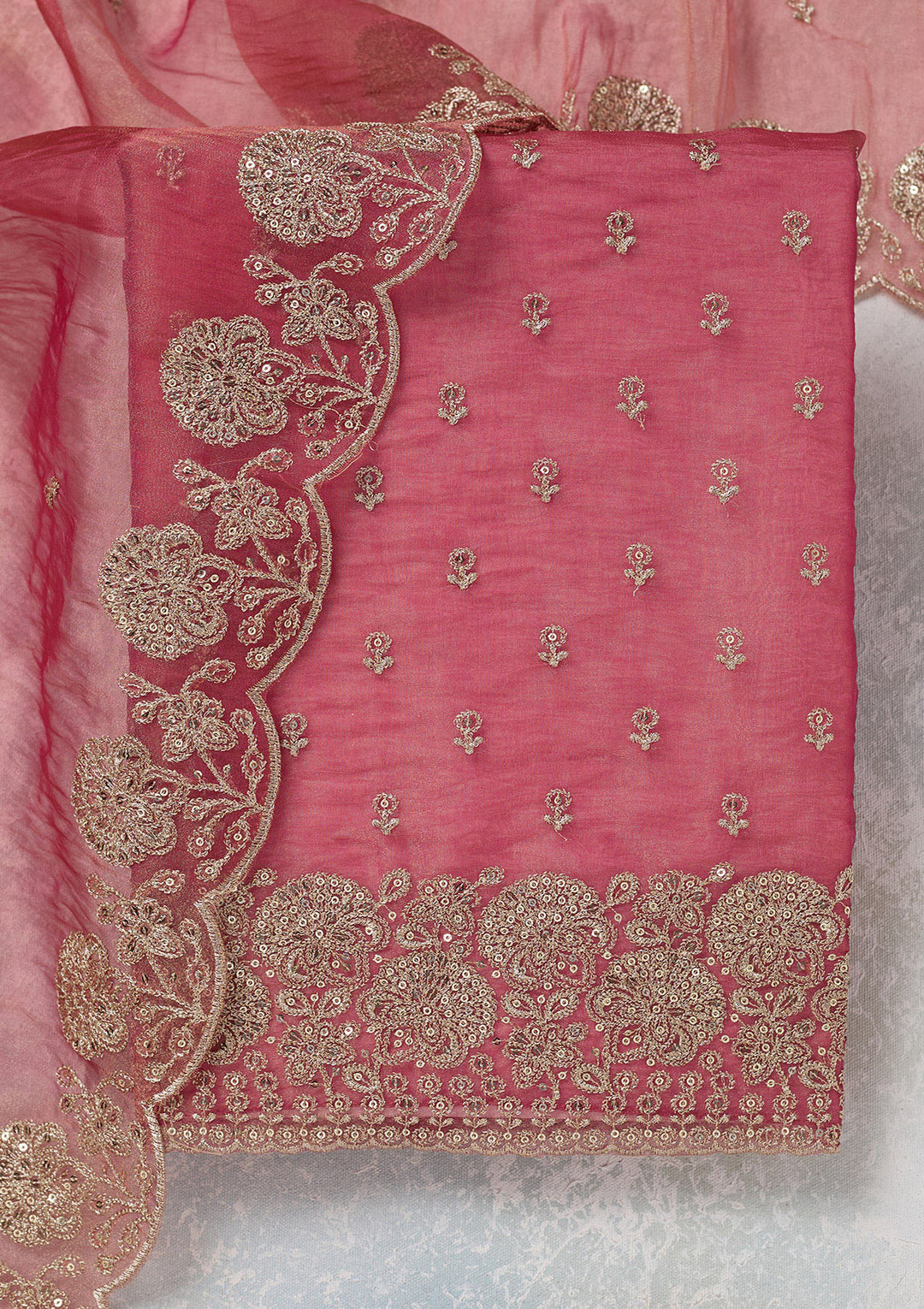 Pink Zariwork (Gold) Tissue Unstitched Salwar Suit