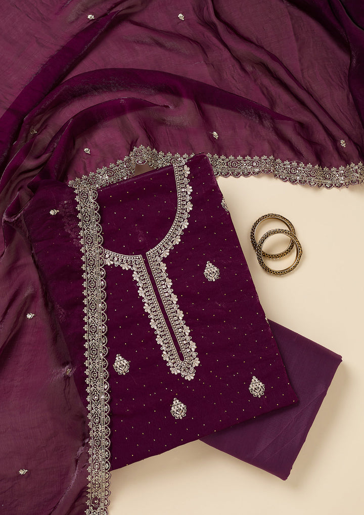 Purple Zardozi (Gold) Semi Crepe Unstitched Salwar Suit