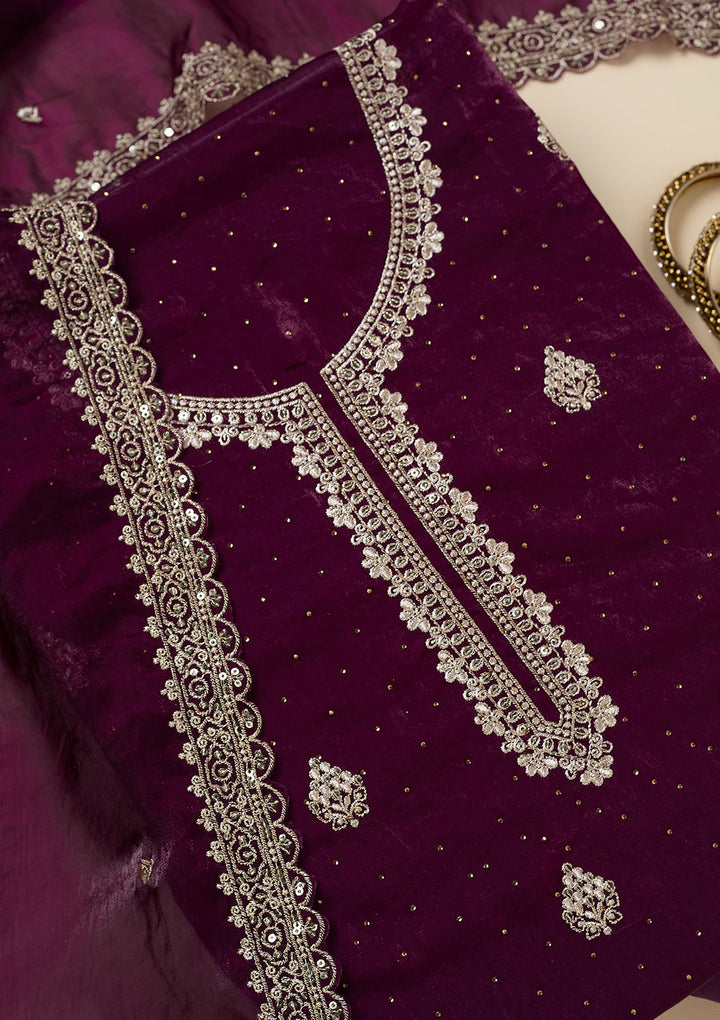 Purple Zardozi (Gold) Semi Crepe Unstitched Salwar Suit