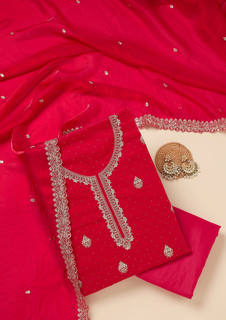 Rani Pink Zardozi (Gold) Semi Crepe Unstitched Salwar Suit