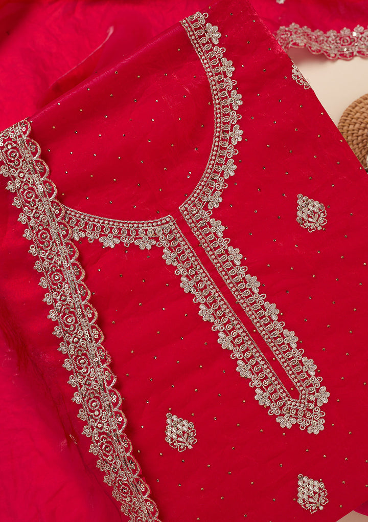 Rani Pink Zardozi (Gold) Semi Crepe Unstitched Salwar Suit