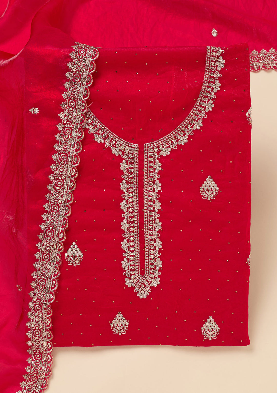 Rani Pink Zardozi (Gold) Semi Crepe Unstitched Salwar Suit