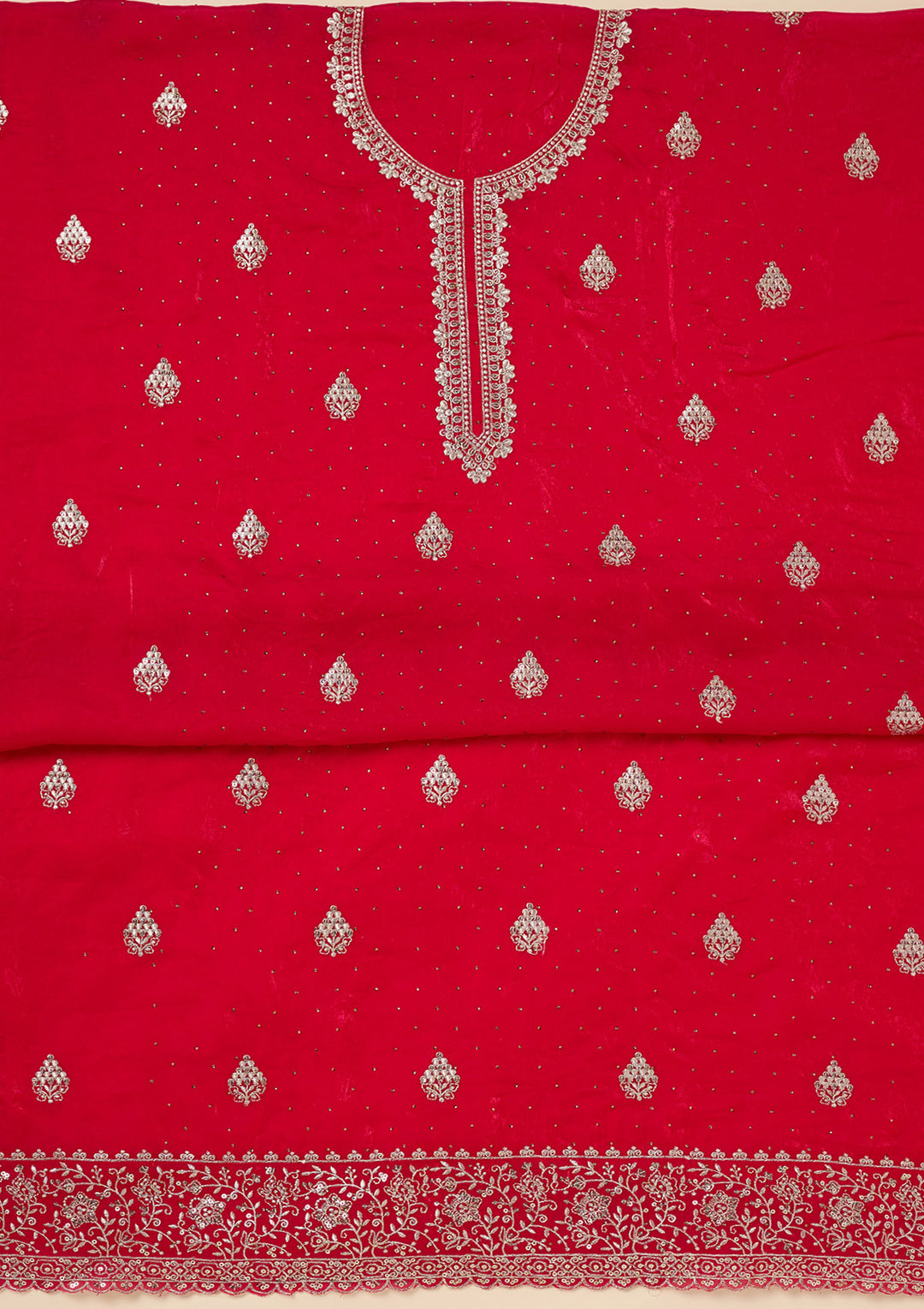 Rani Pink Zardozi (Gold) Semi Crepe Unstitched Salwar Suit