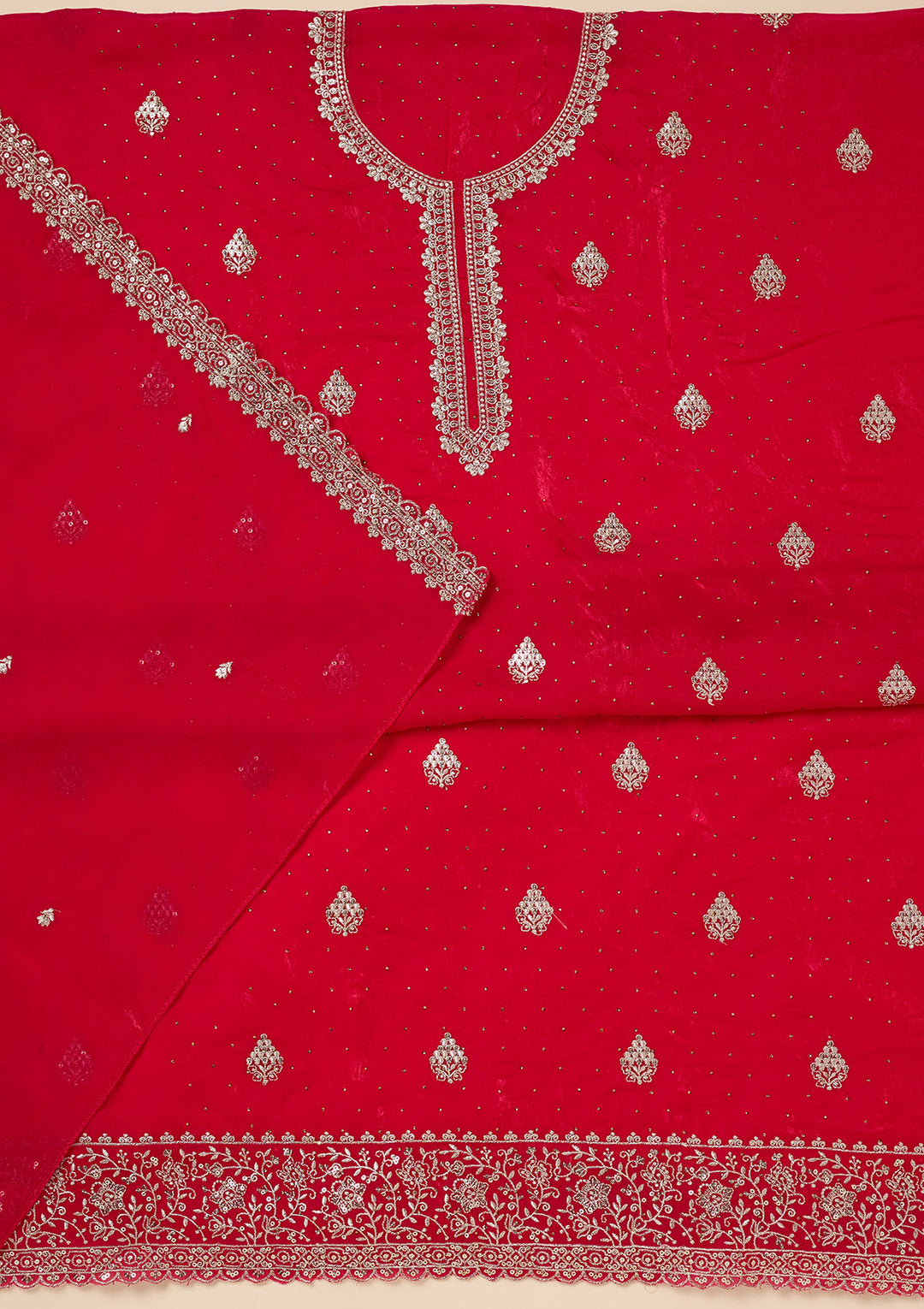 Rani Pink Zardozi (Gold) Semi Crepe Unstitched Salwar Suit