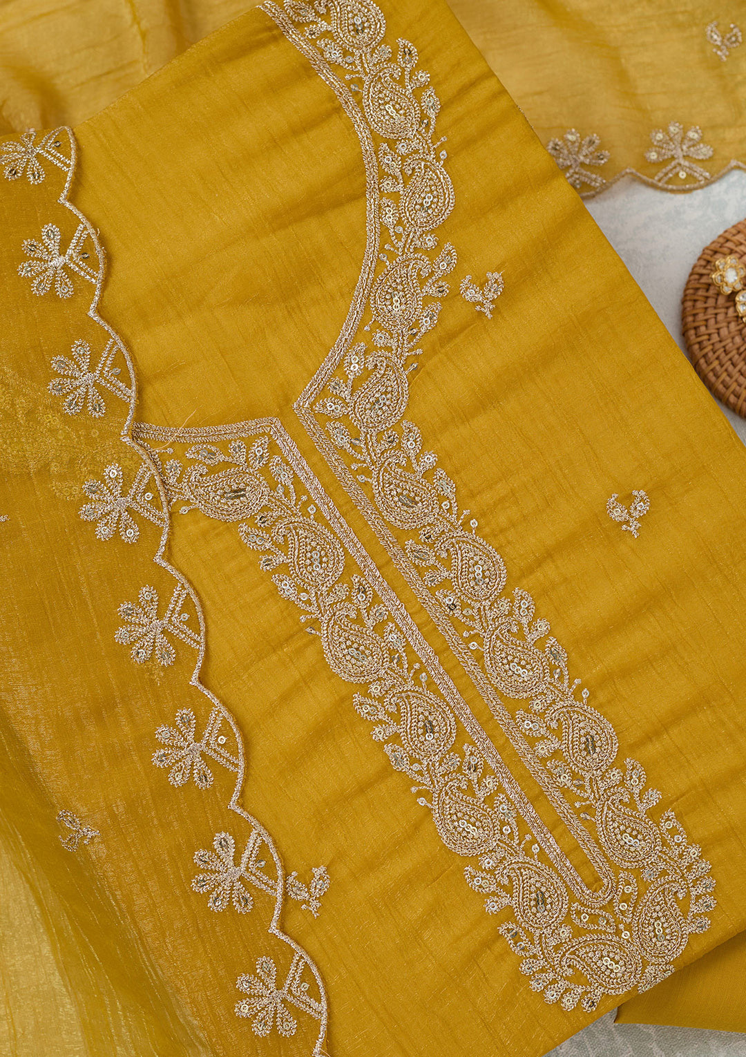 Yellow Zariwork (Gold) Semi Crepe Unstitched Salwar Suit