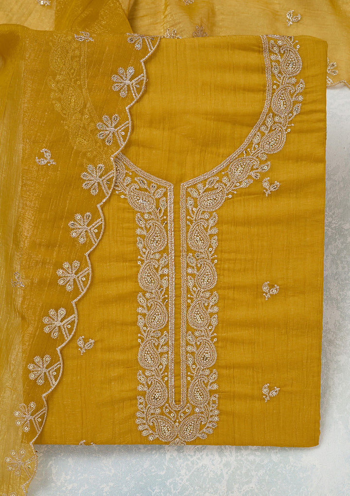 Yellow Zariwork (Gold) Semi Crepe Unstitched Salwar Suit