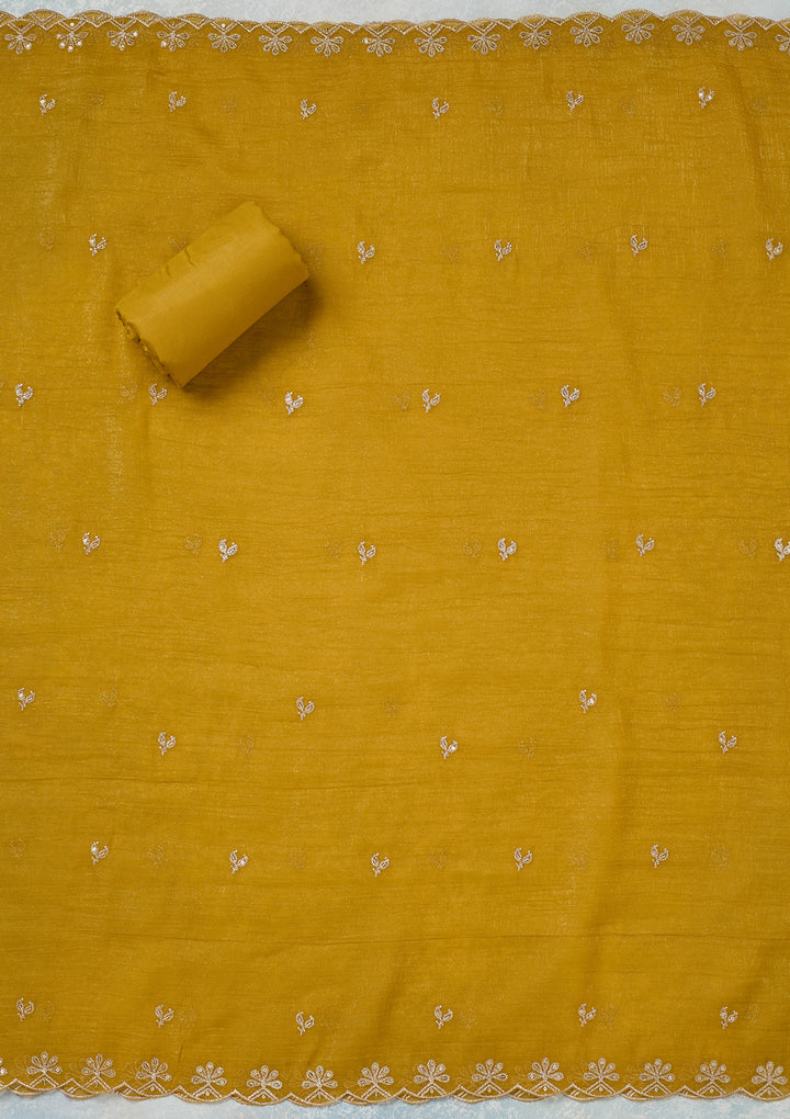 Yellow Zariwork (Gold) Semi Crepe Unstitched Salwar Suit
