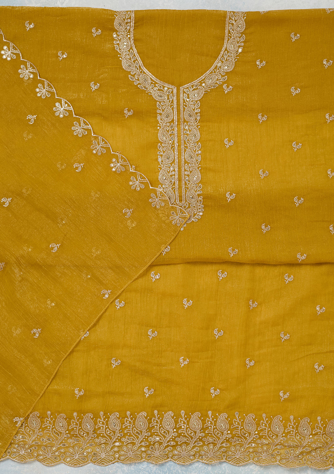 Yellow Zariwork (Gold) Semi Crepe Unstitched Salwar Suit