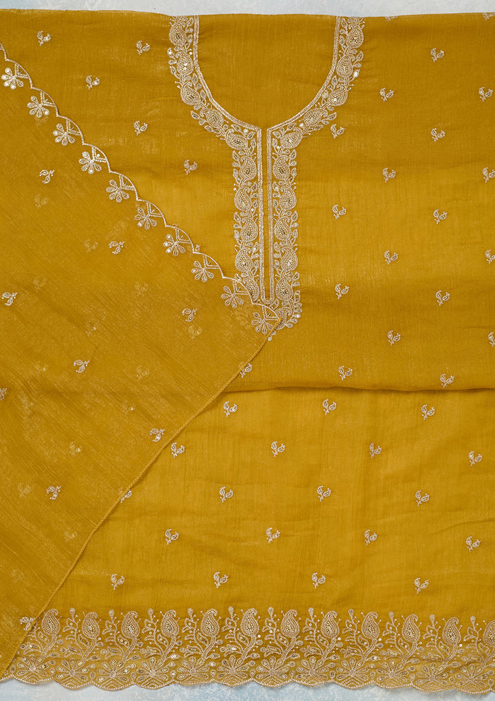 Yellow Zariwork (Gold) Semi Crepe Unstitched Salwar Suit
