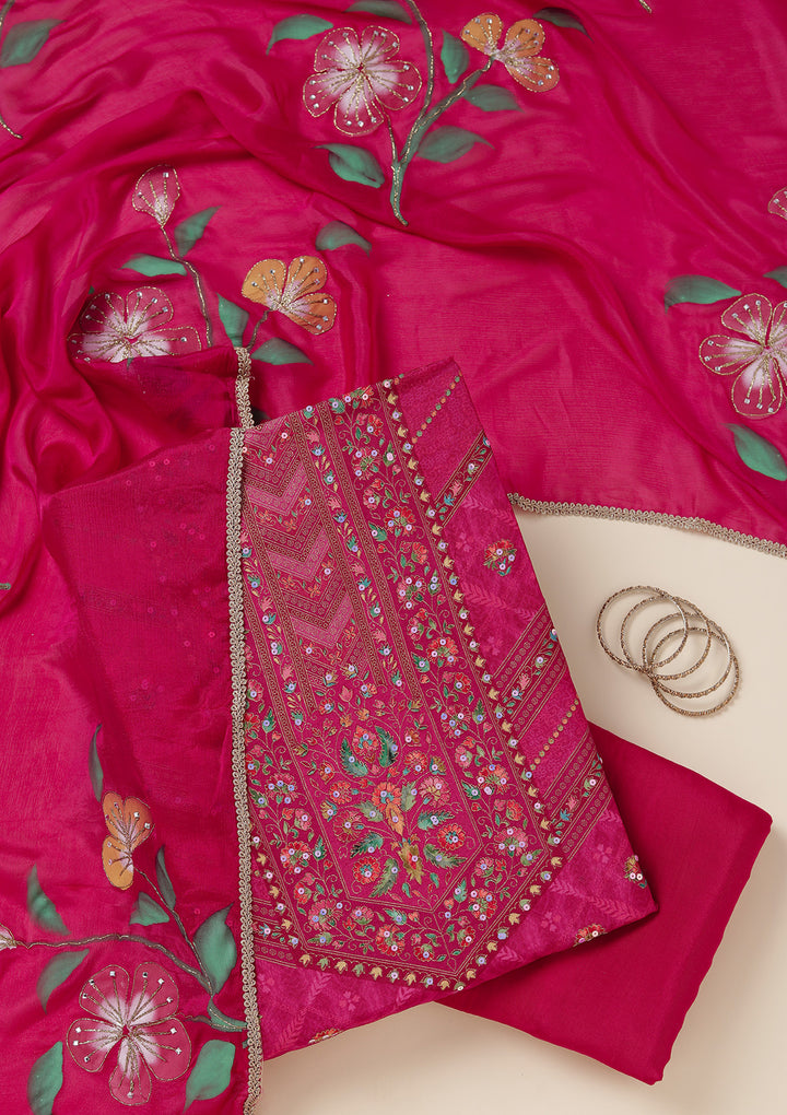 Magenta Pink Zariwork (Gold) Brocade Unstitched Salwar Suit