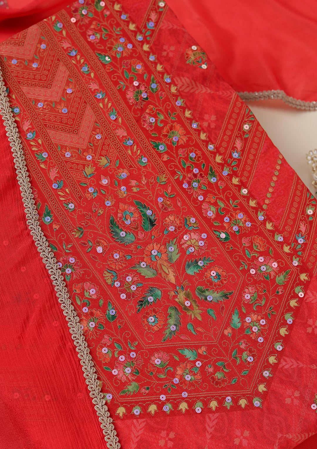 Red Zariwork (Gold) Brocade Unstitched Salwar Suit