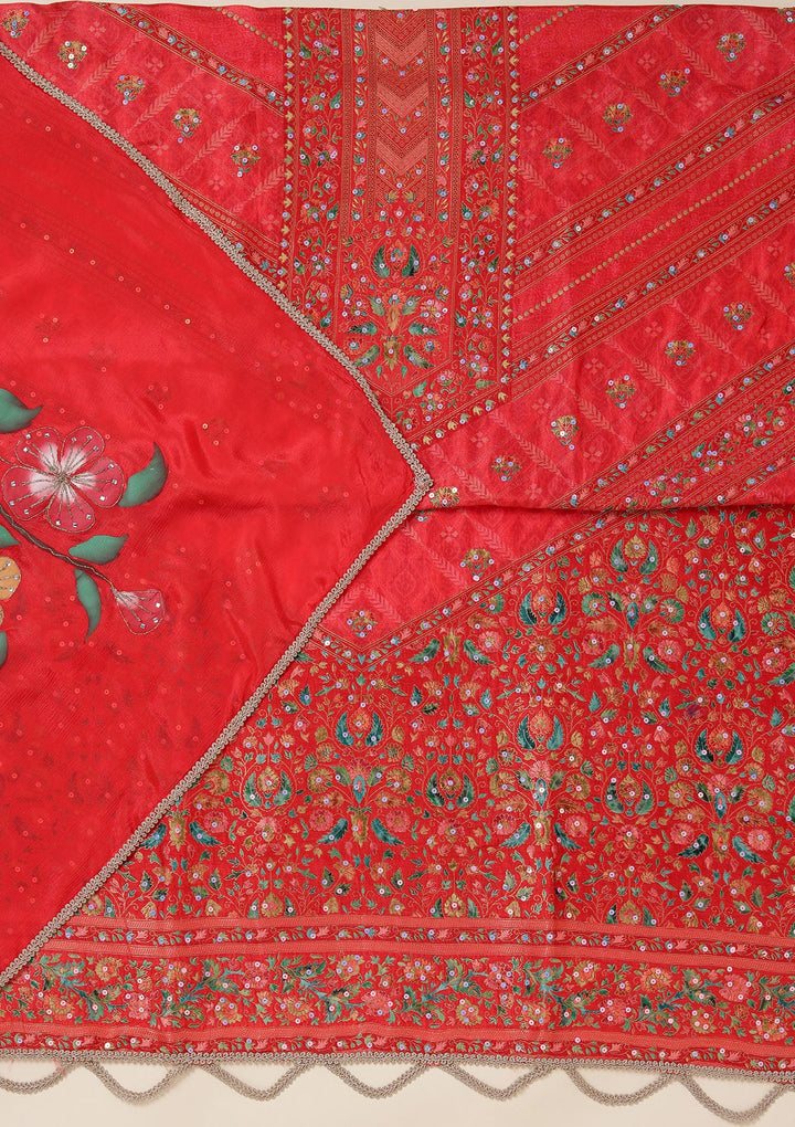 Red Zariwork (Gold) Brocade Unstitched Salwar Suit
