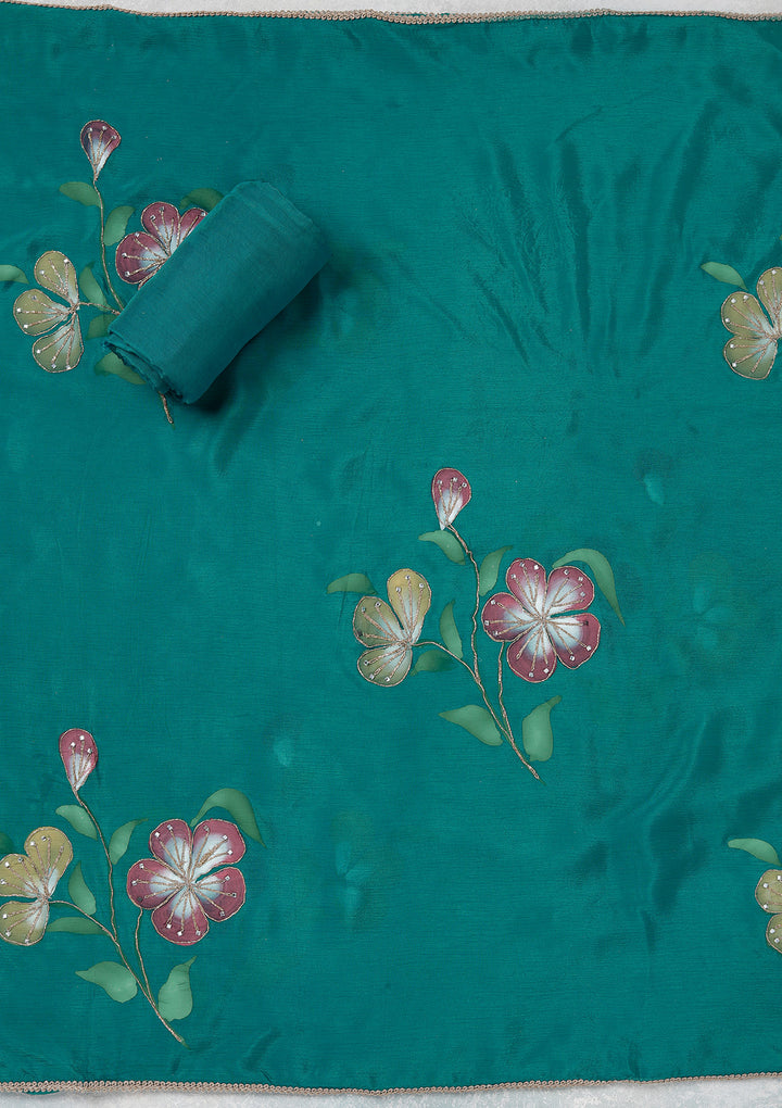 Turquoise Blue Zariwork (Gold) Brocade Unstitched Salwar Suit