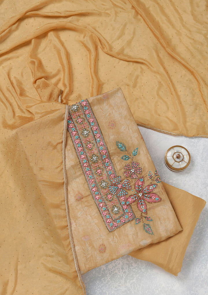 Beige Zariwork (Gold) Organza Unstitched Salwar Suit