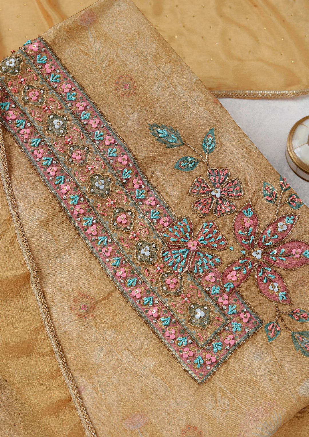 Beige Zariwork (Gold) Organza Unstitched Salwar Suit
