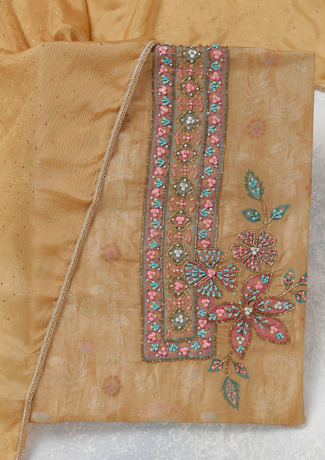 Beige Zariwork (Gold) Organza Unstitched Salwar Suit